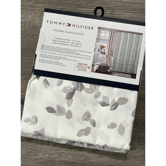 Tommy Hilfiger Stained Glass Leaves Cotton Fabric Shower Curtain Gray Wh… - Picture 6 of 7